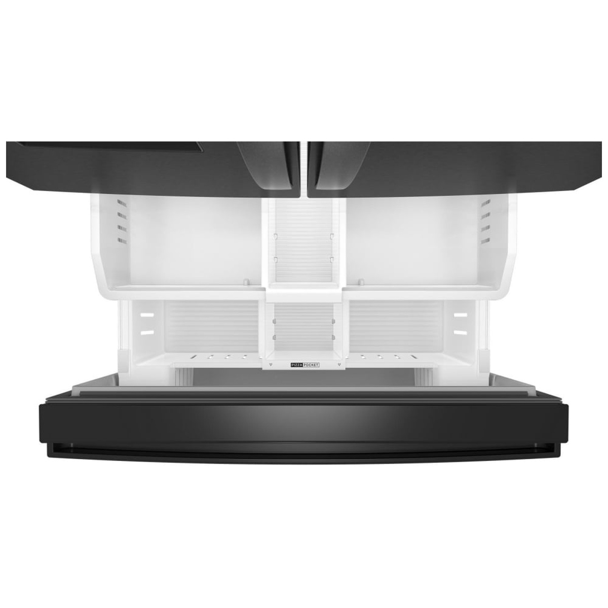 Open freezer drawer showing pizza pocket divider and storage compartments