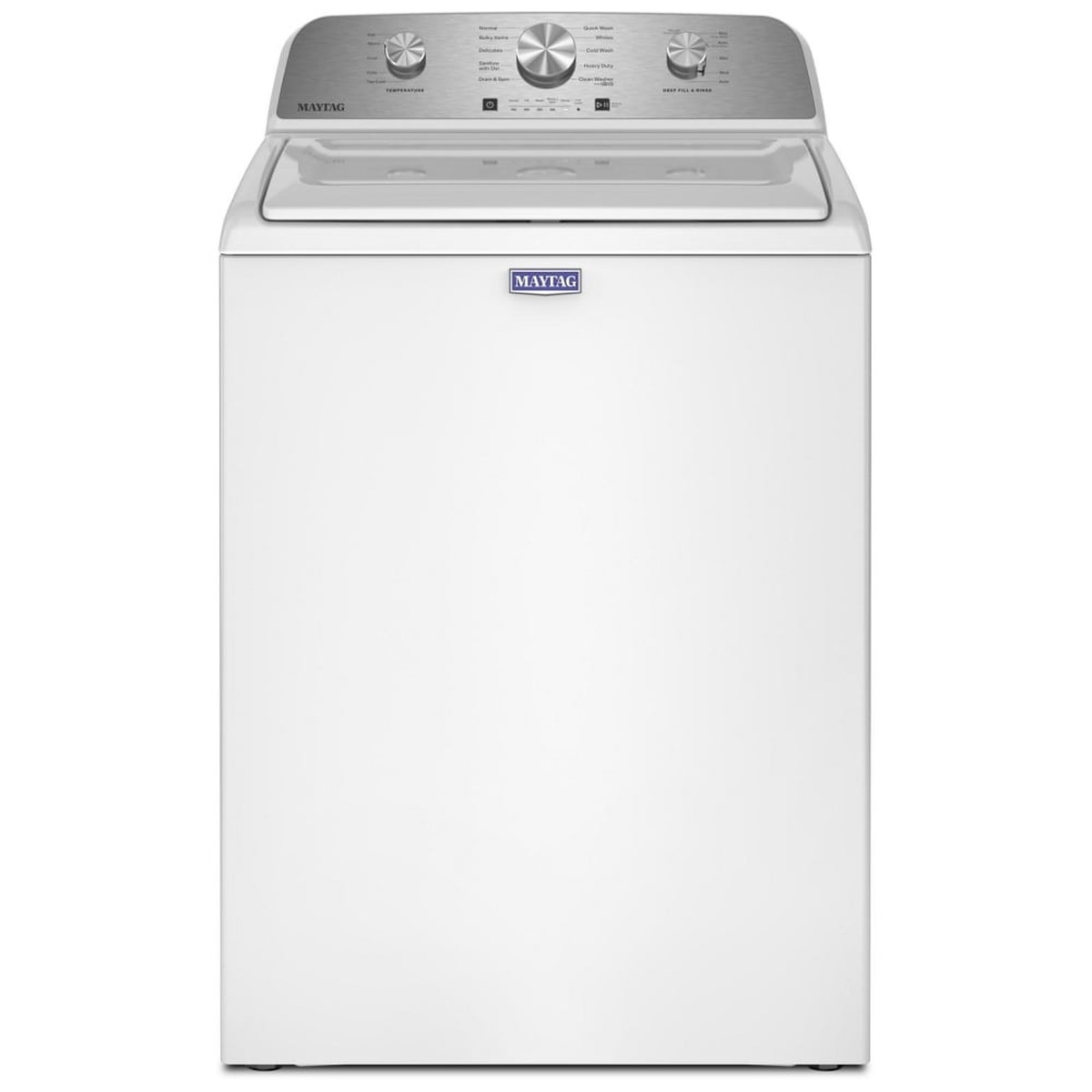 Front view of a white Maytag top-load washer with a rear control panel