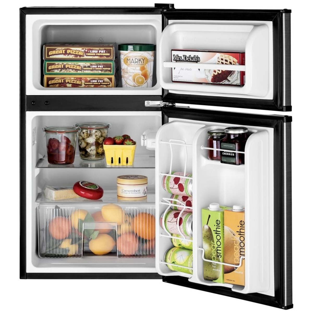 Open compact refrigerator stocked with food and drinks, including a crisper drawer and can storage