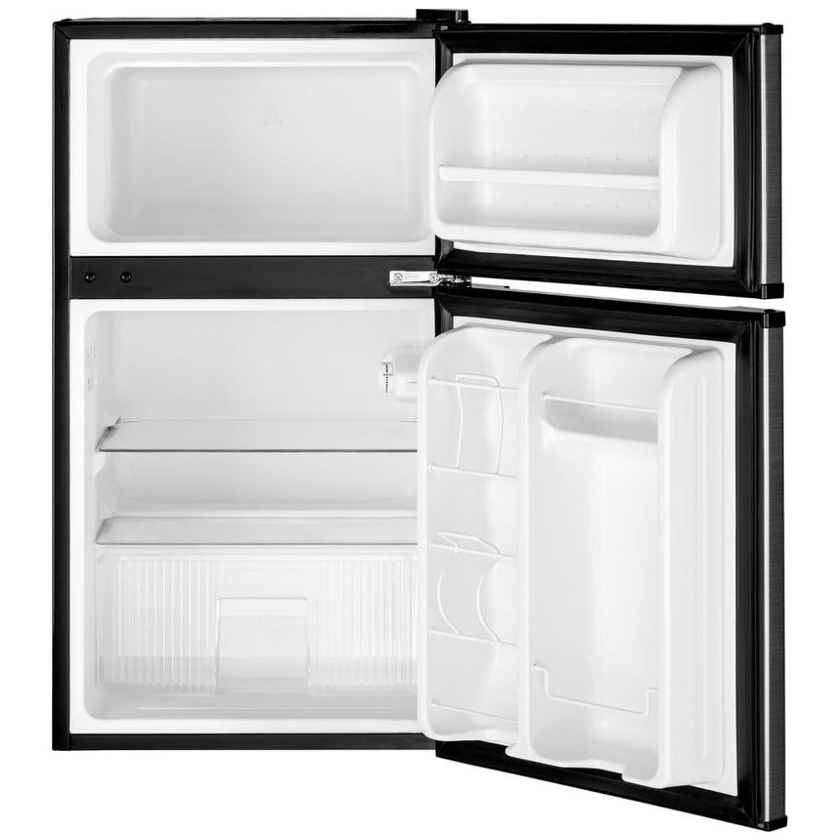 Open compact refrigerator showing the freezer compartment, shelves, and door bins
