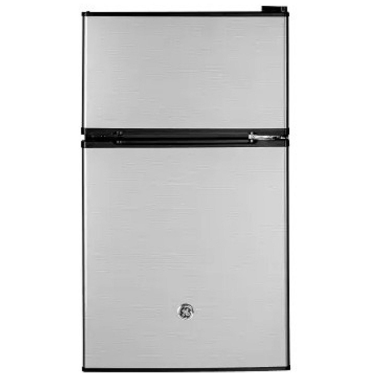 Front view of a GE compact refrigerator with a separate top freezer door