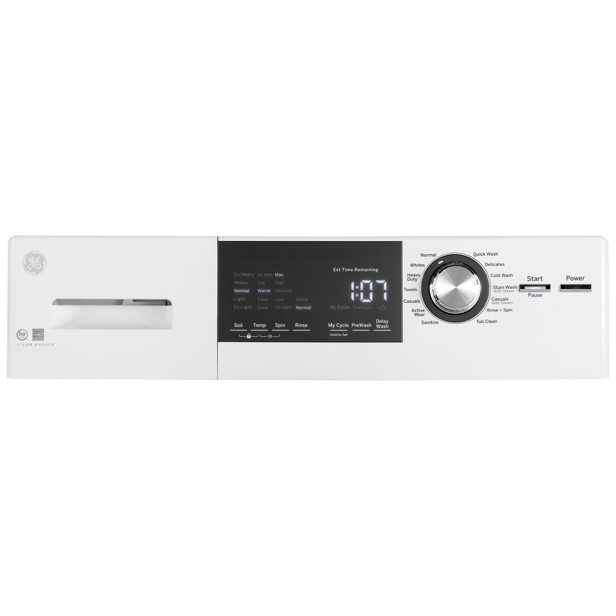GE washer control panel with digital display, cycle knob, and option buttons