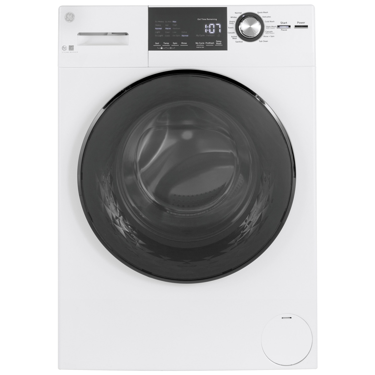 Front view of a white GE 24 inch front-load washer with a dark tinted door