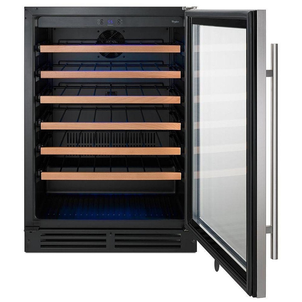 Open wine refrigerator interior with wood-front racks