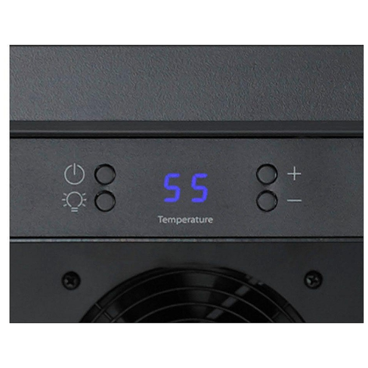 Digital temperature control display with plus and minus buttons