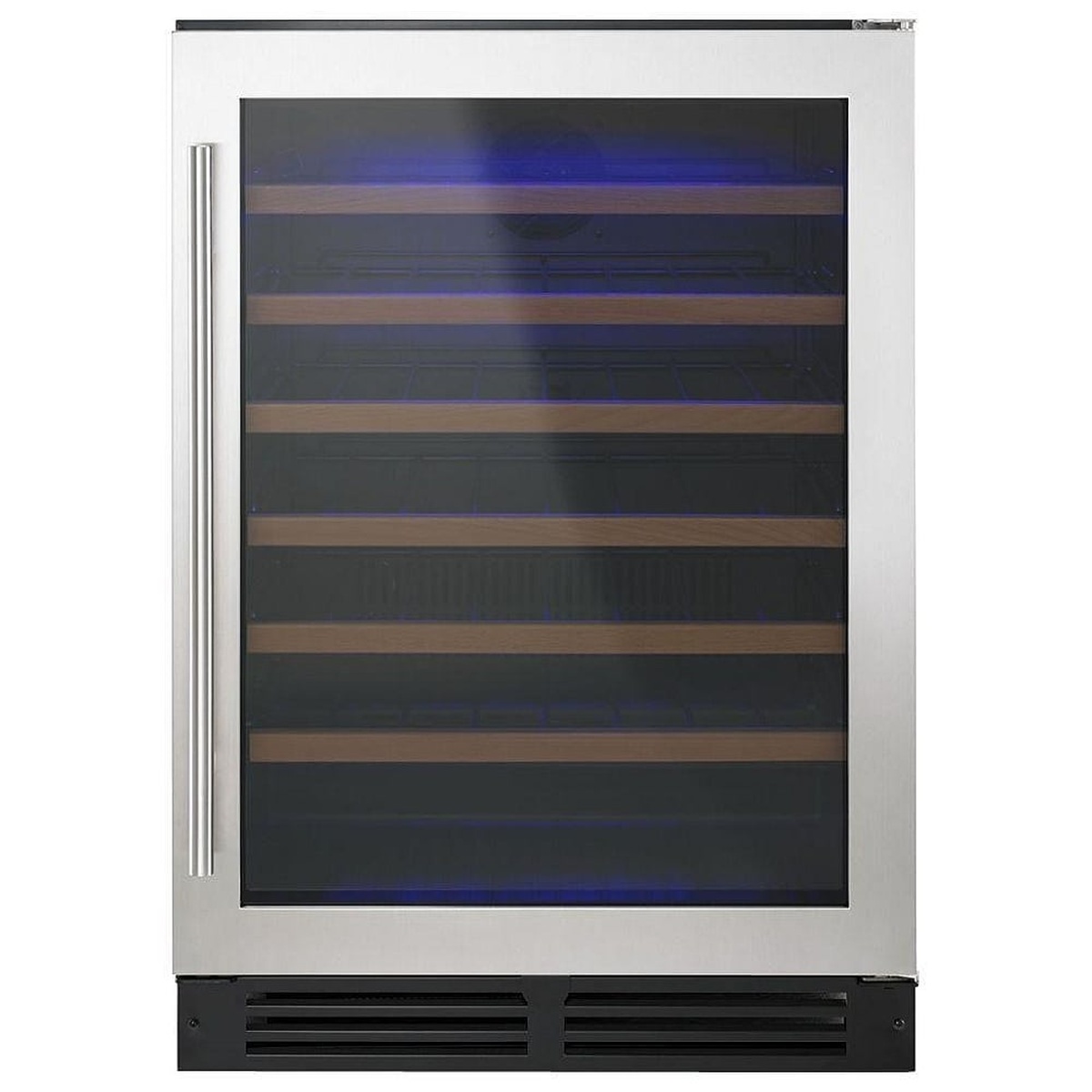 Stainless undercounter wine center with glass door and vertical handle