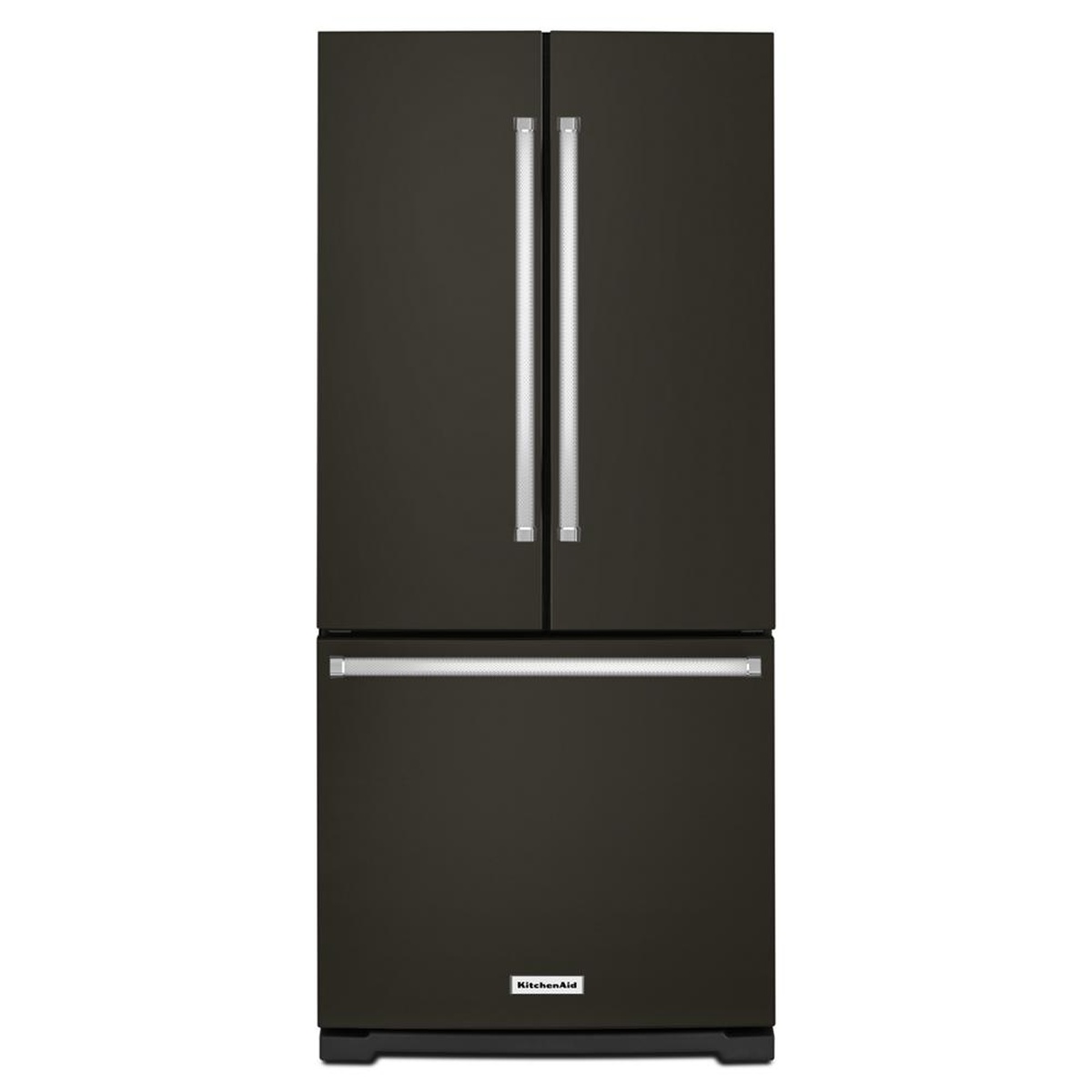 Front view of a black stainless steel French door refrigerator with bottom freezer drawer