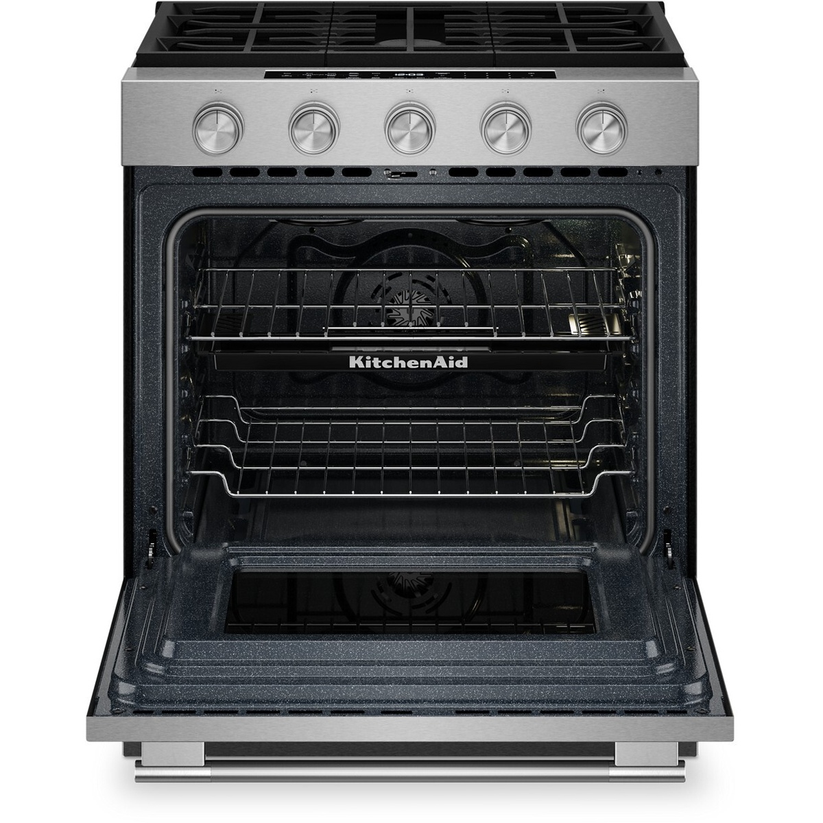 Oven interior with racks and convection fan visible