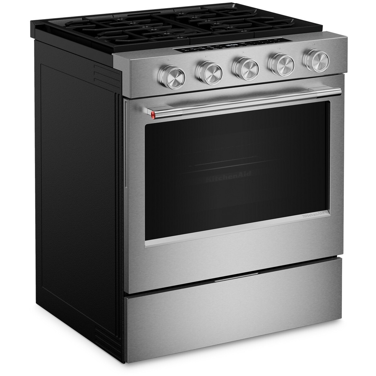 Angled view of KitchenAid slide-in gas range in stainless steel with front knobs