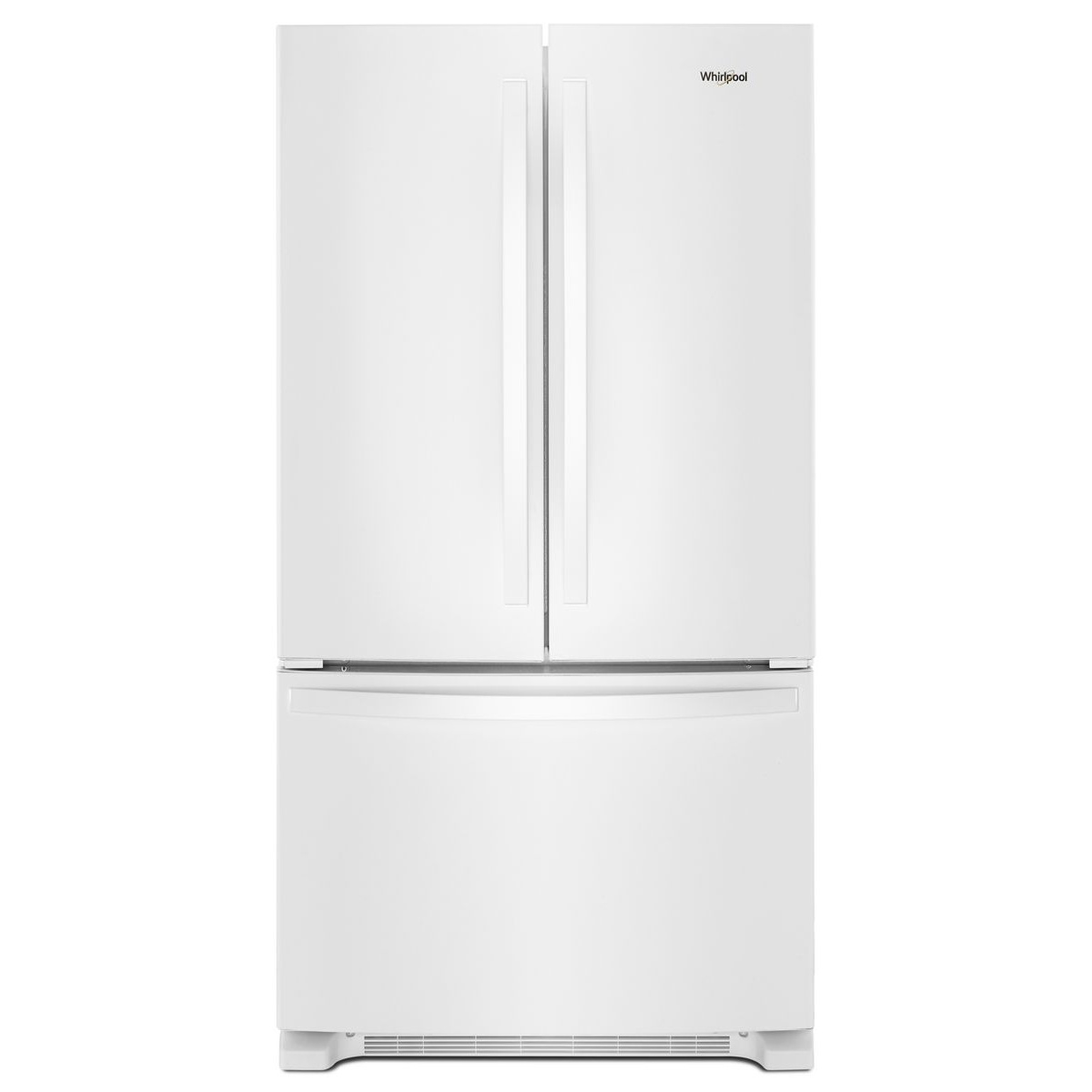 White Whirlpool counter-depth French door refrigerator with bottom freezer drawer