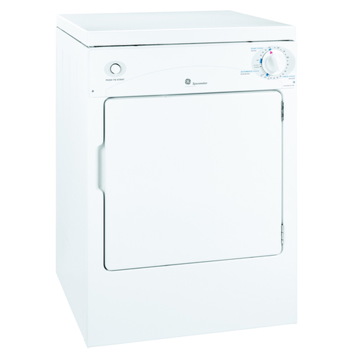 White compact electric dryer with front door, push-to-start button, and dial control