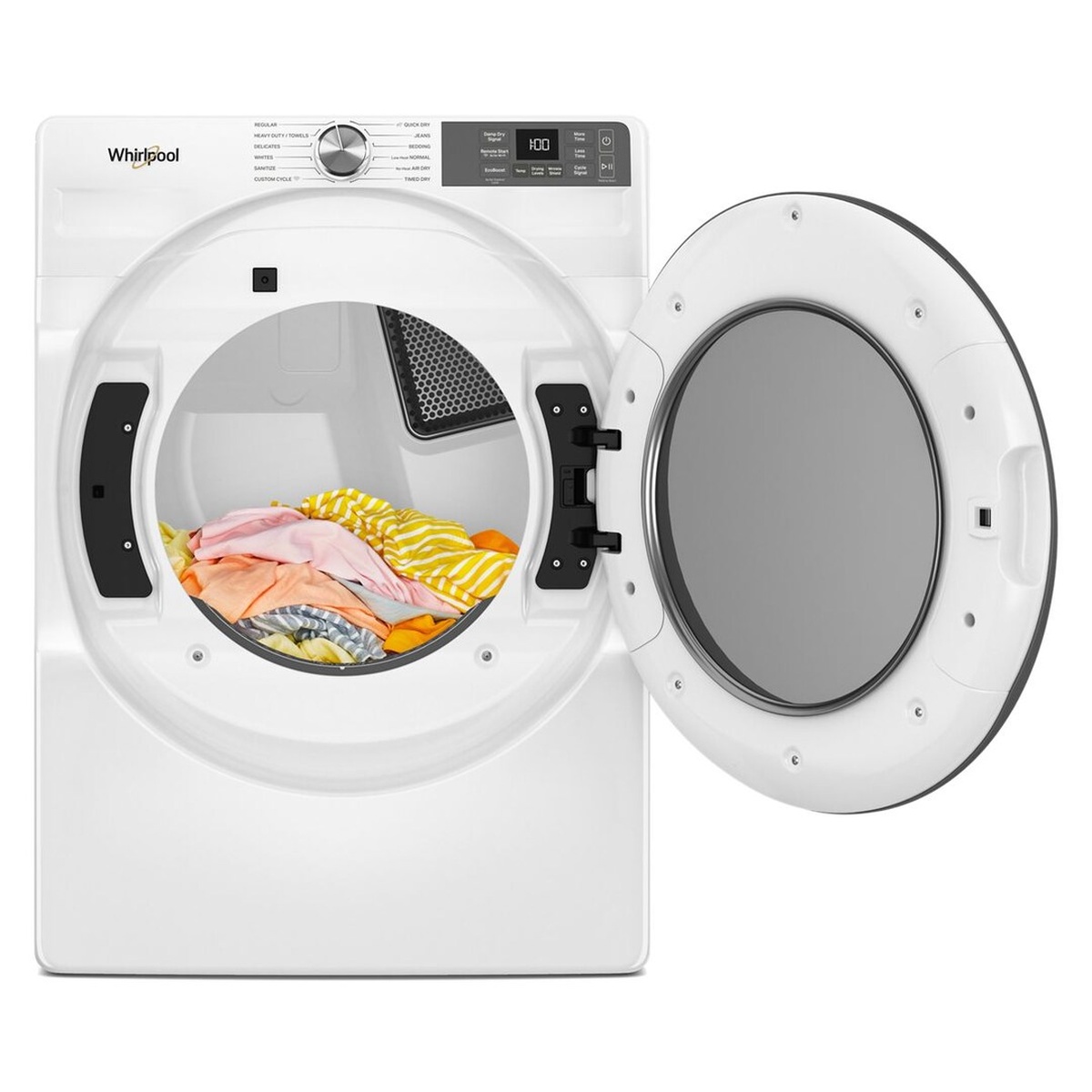 Whirlpool dryer with the door open showing the drum opening with clothes inside