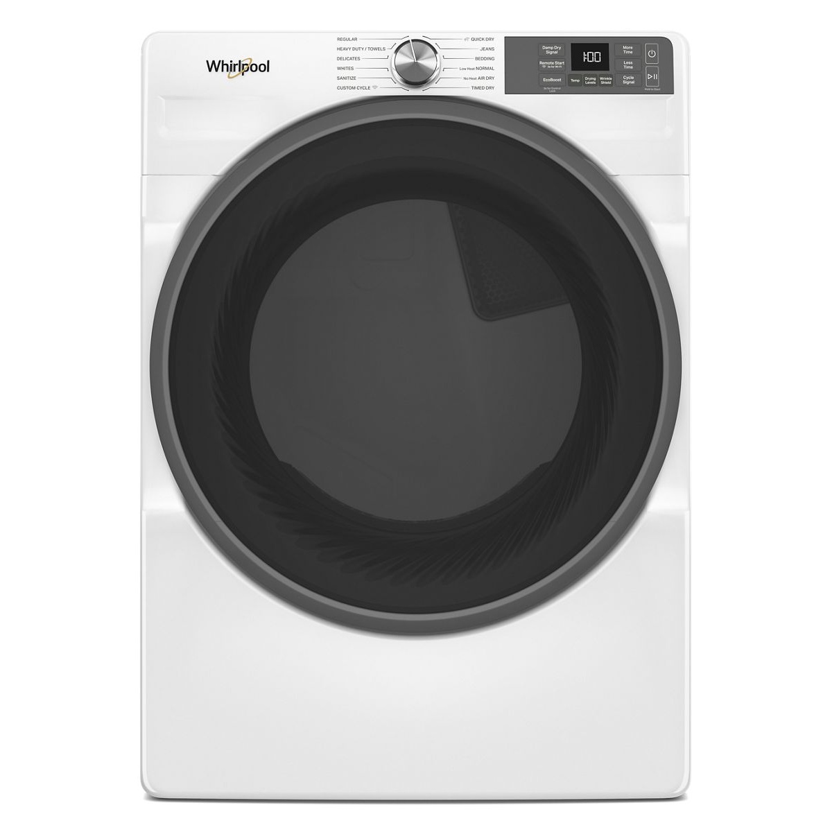 Front view of a white Whirlpool front-load gas dryer with dial and digital controls