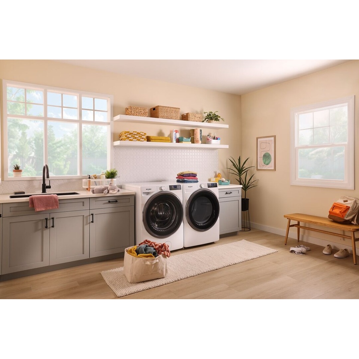 White front-load laundry pair installed in a bright laundry room