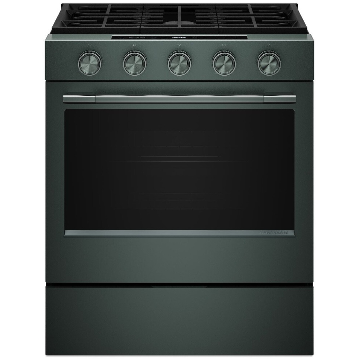 Front view of KitchenAid slide-in gas range in Juniper finish