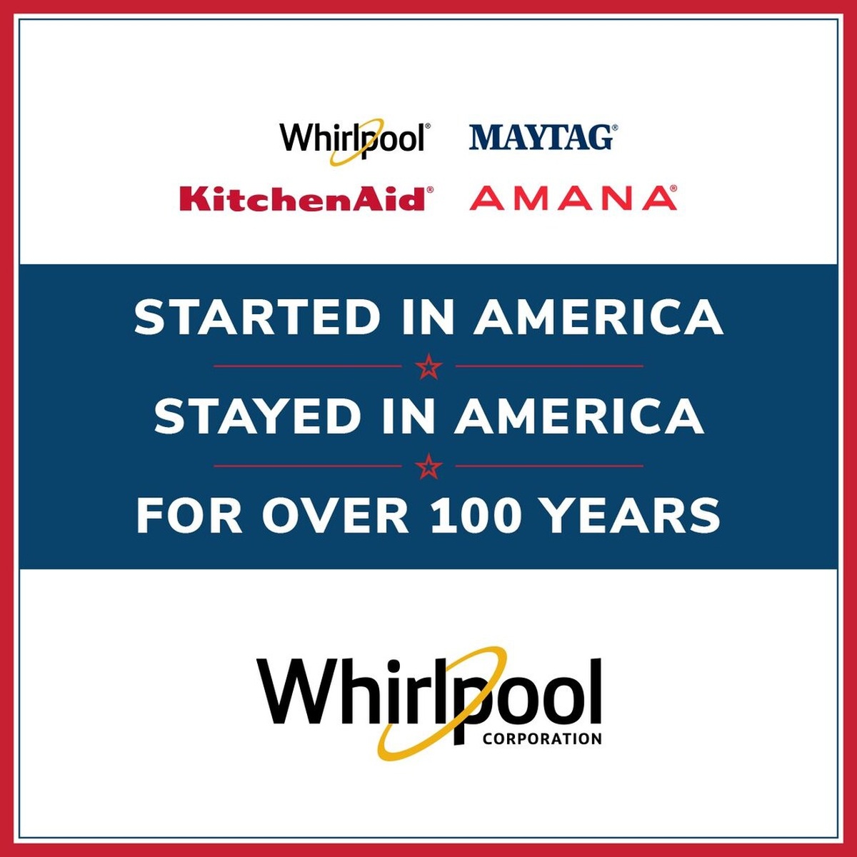 Whirlpool, Maytag, KitchenAid, and Amana logos with the message Started in America, Stayed in America for over 100 years