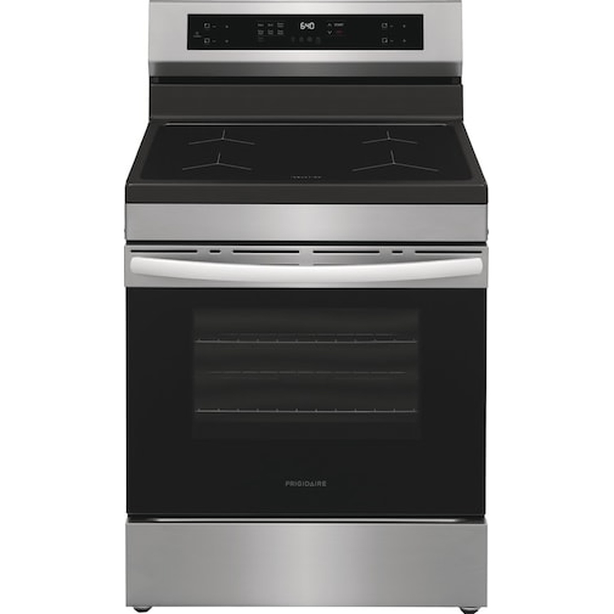 Front view of Frigidaire stainless-look induction range with smooth cooktop, digital control panel, oven window, and bottom storage drawer