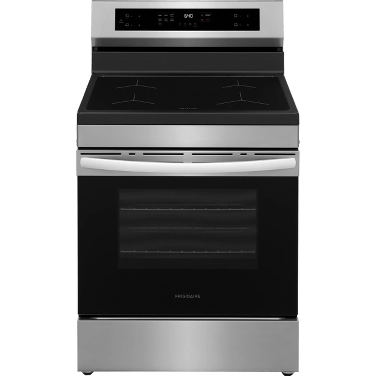 Front view of a Frigidaire 30 inch range with smooth black cooktop and rear control panel