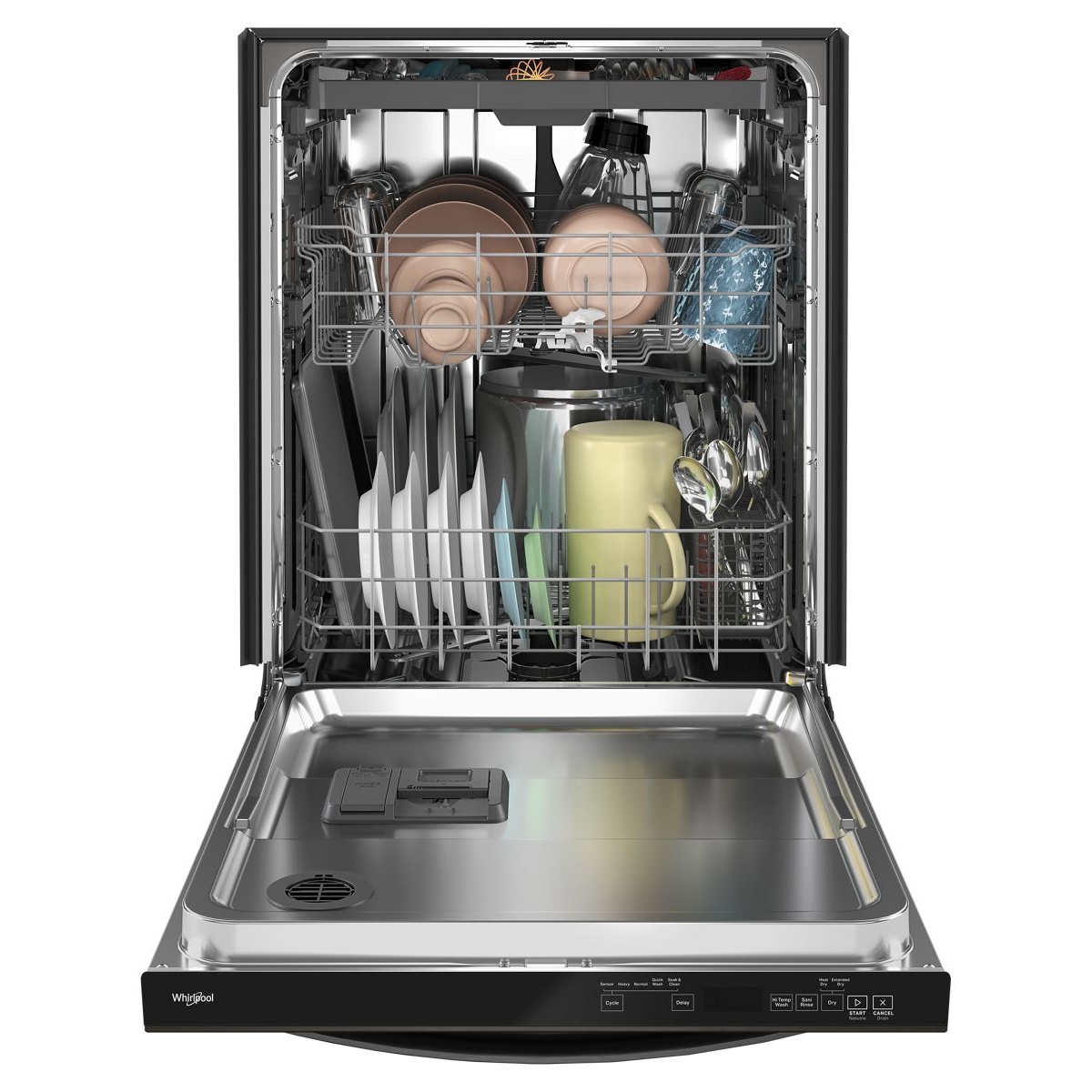 Open dishwasher showing racks loaded with plates, bowls, glasses, and a top control panel on the door