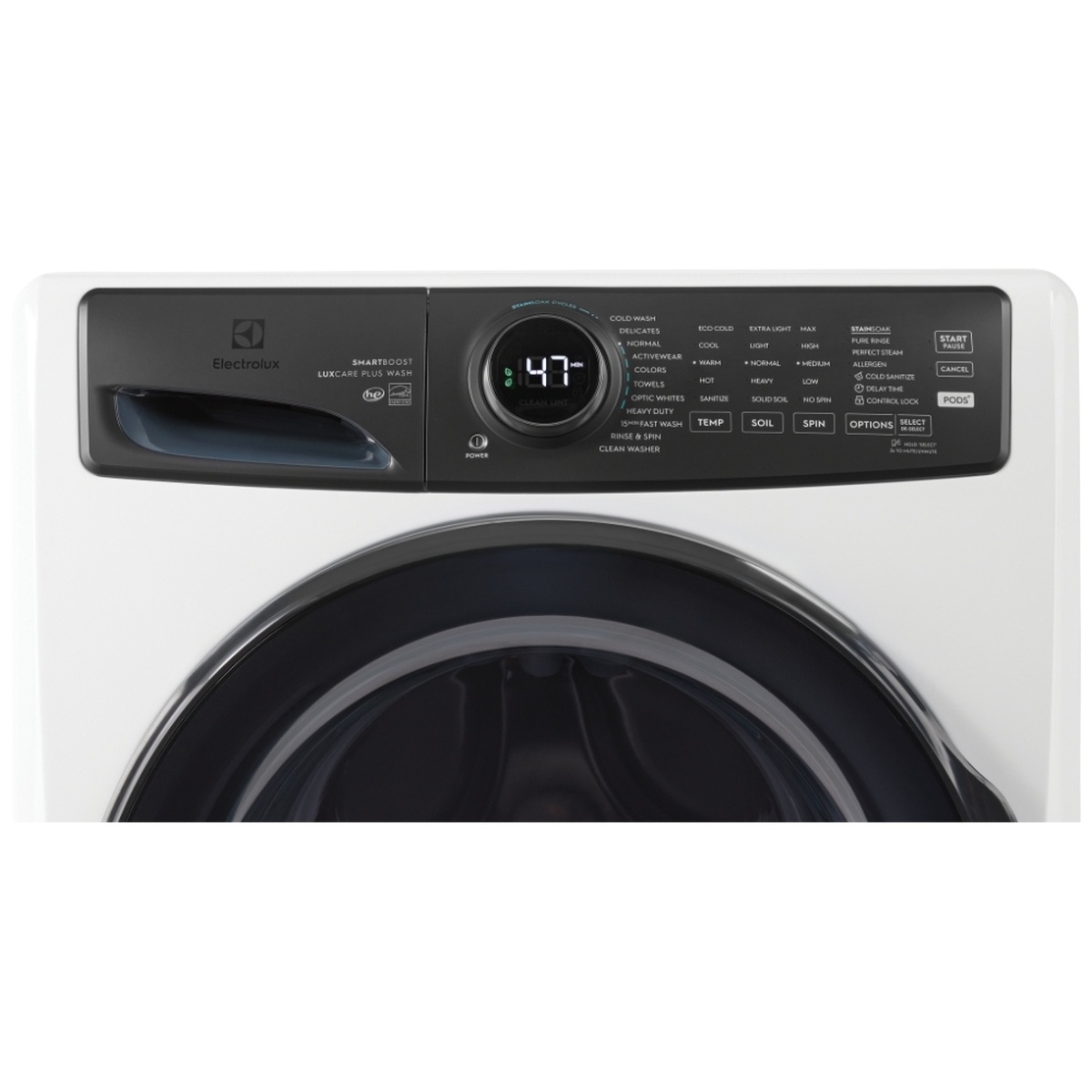 Close-up of the Electrolux washer control panel with cycle dial, digital time display, and option buttons