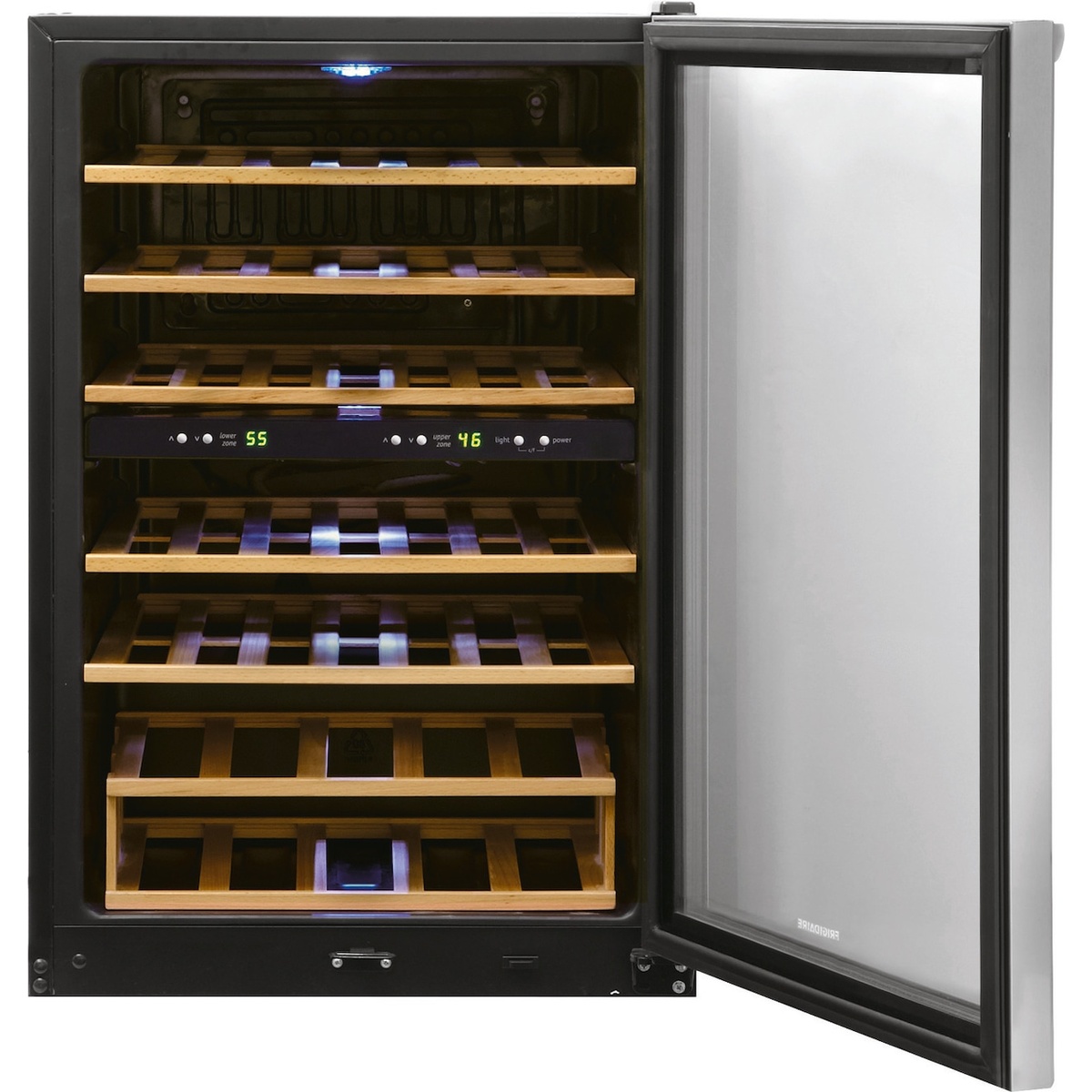 Wine cooler with door open showing wooden racks and the control panel
