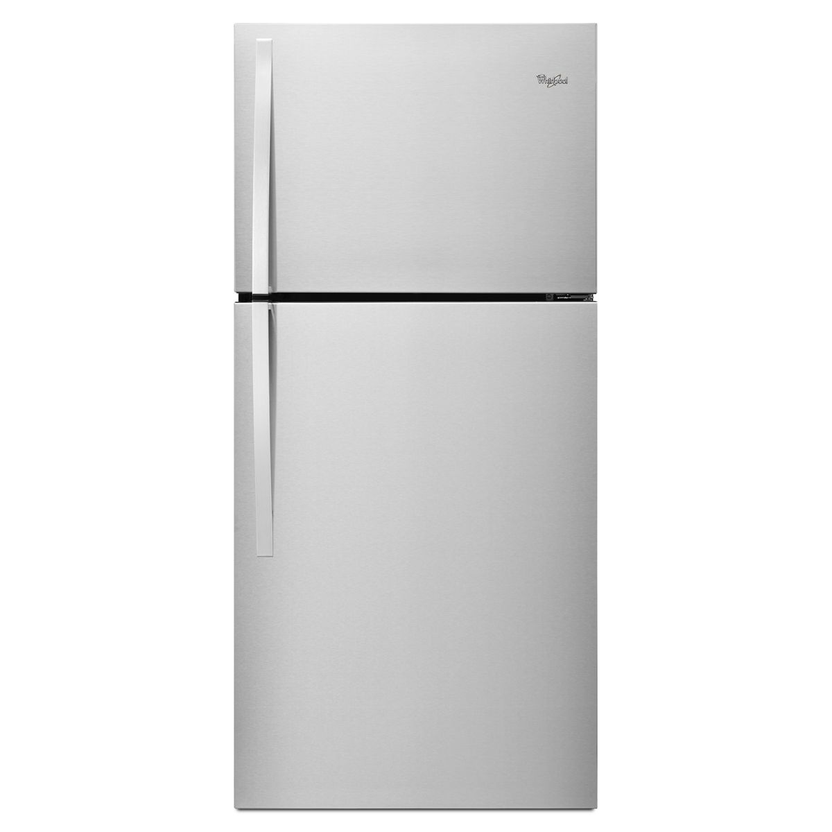 Front view of a Whirlpool stainless-look top-freezer refrigerator with two doors and vertical handles
