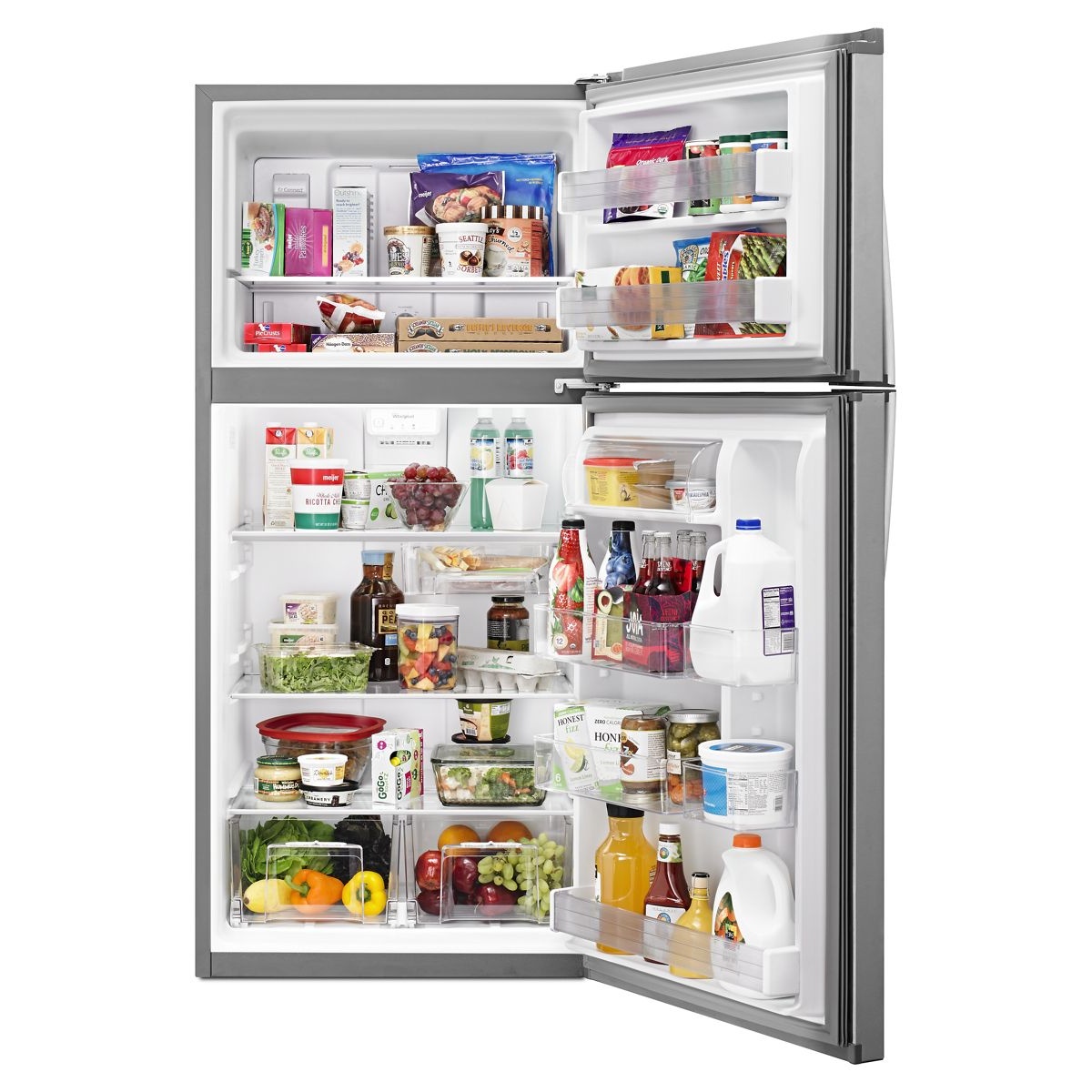 Open top-freezer refrigerator showing interior shelves, bins, and door storage