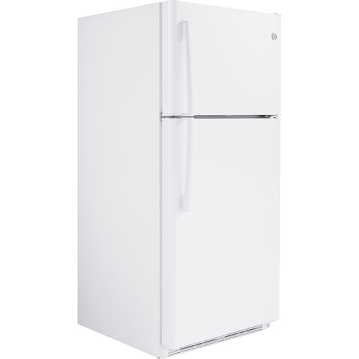 Angled view of white top-freezer refrigerator with front handles