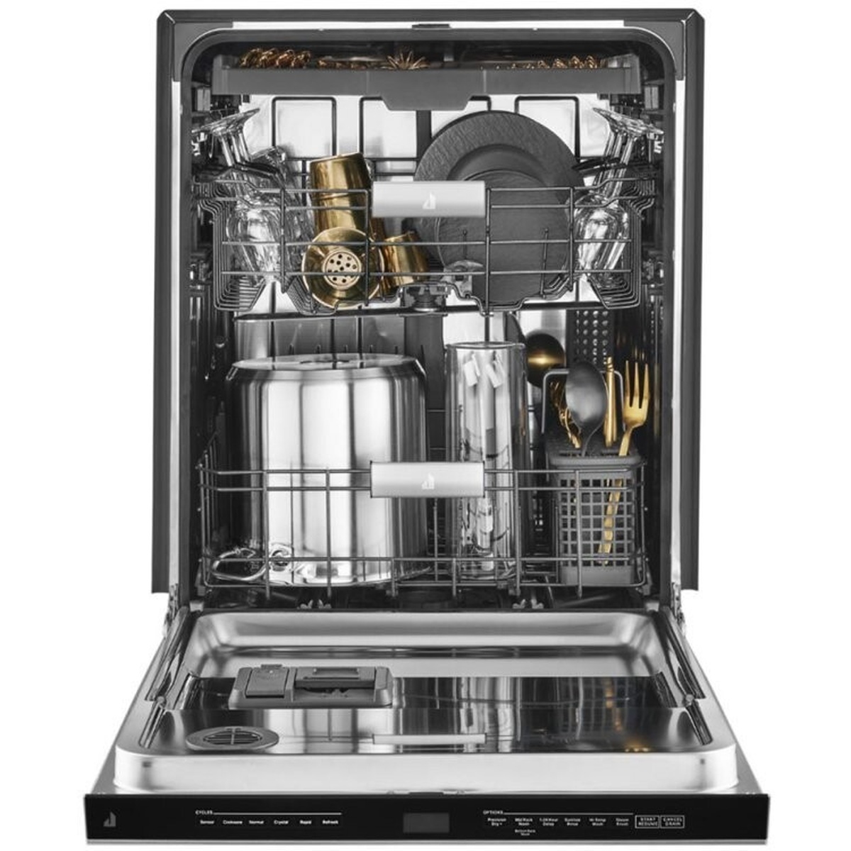 Open dishwasher showing loaded racks with dishes, glasses, and silverware basket