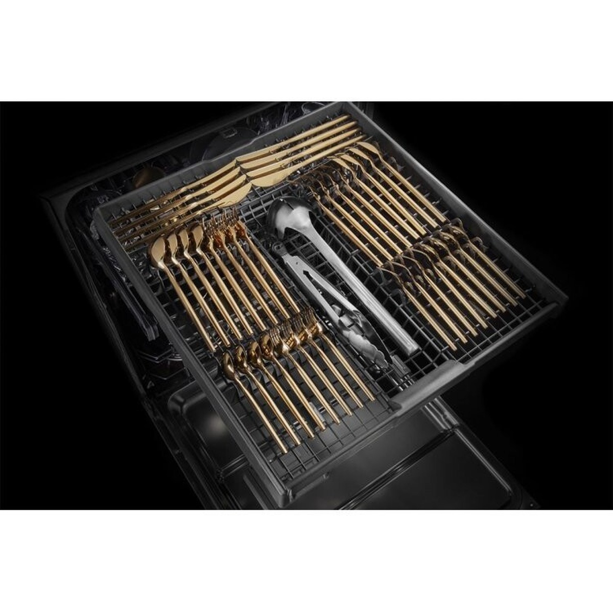 Third rack with neatly arranged cutlery and utensils