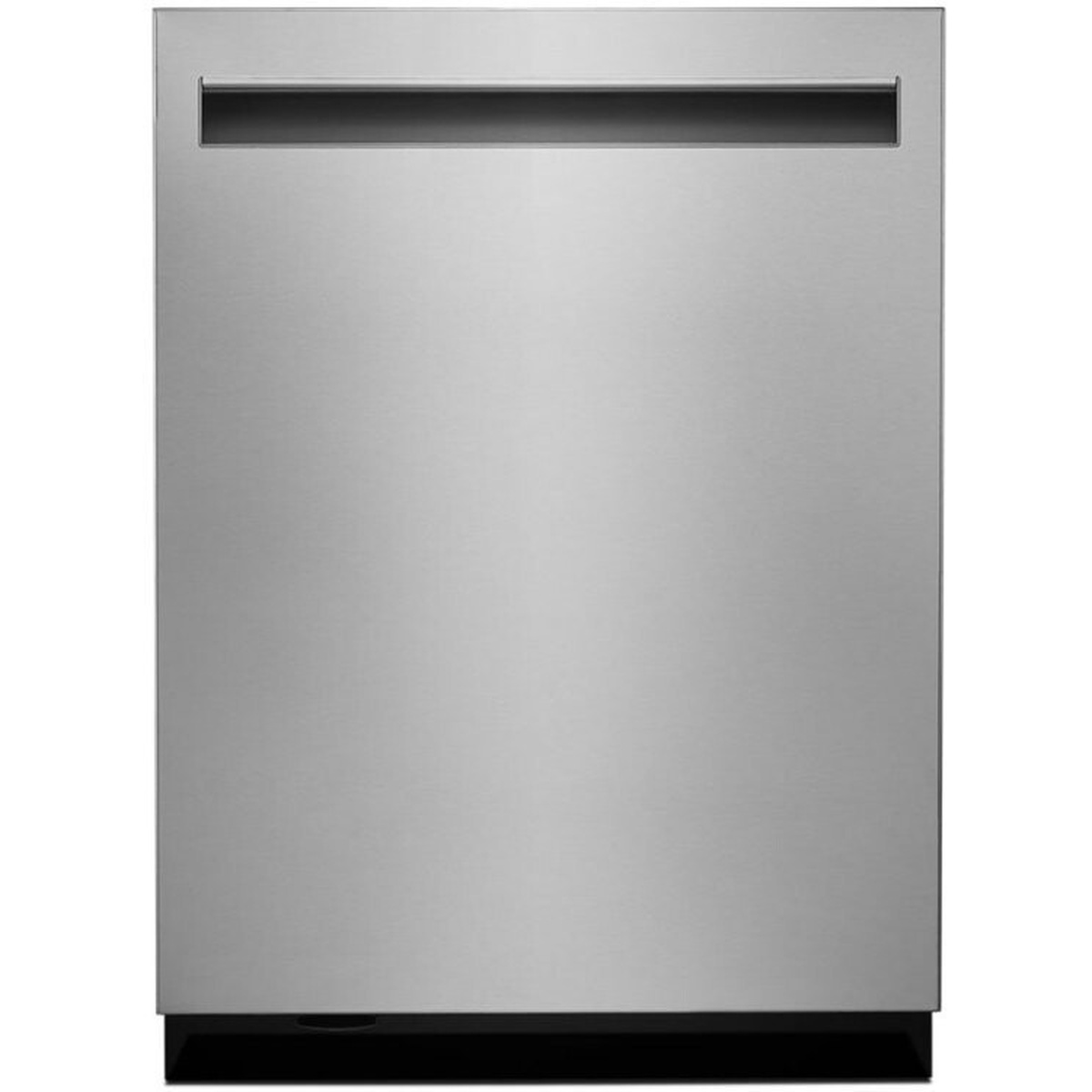 Front view of built-in stainless dishwasher with pocket handle