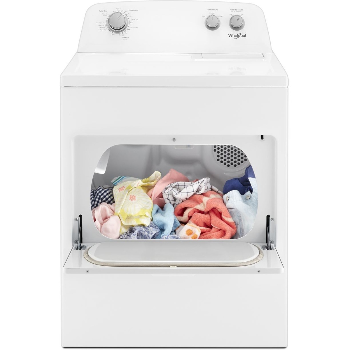 Front view of a Whirlpool dryer with the hamper-style door folded down and a load of clothes visible inside