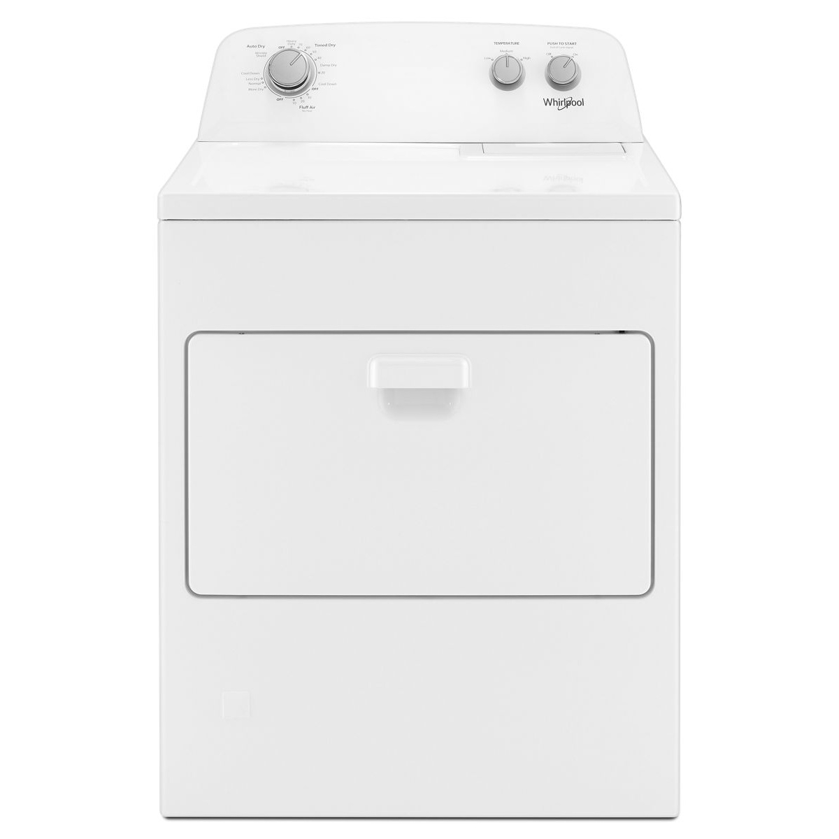Front view of a white Whirlpool top-load gas dryer