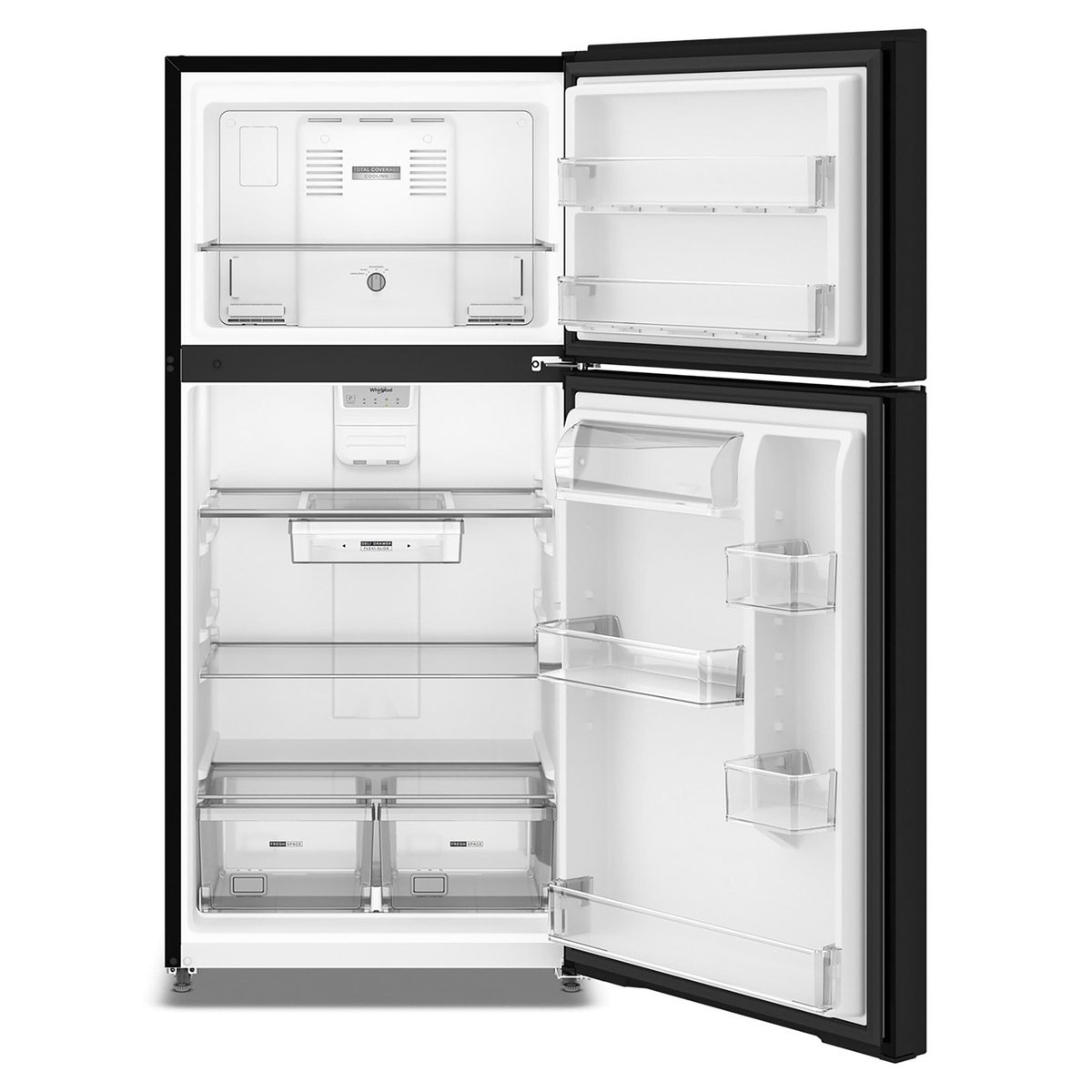 Whirlpool black top-freezer refrigerator shown open with adjustable shelves, a sliding deli drawer, door bins, and two lower crispers