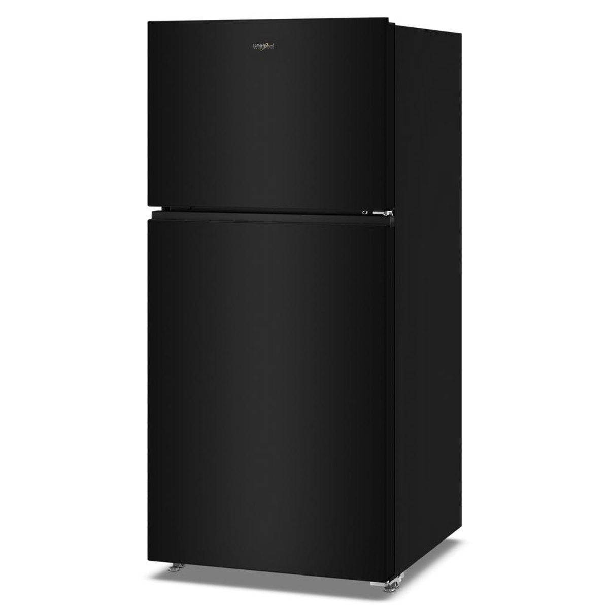 Angled view of a black Whirlpool top-freezer refrigerator with two doors