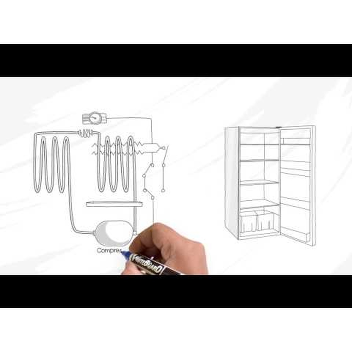Line drawing showing a refrigerator and cooling system diagram