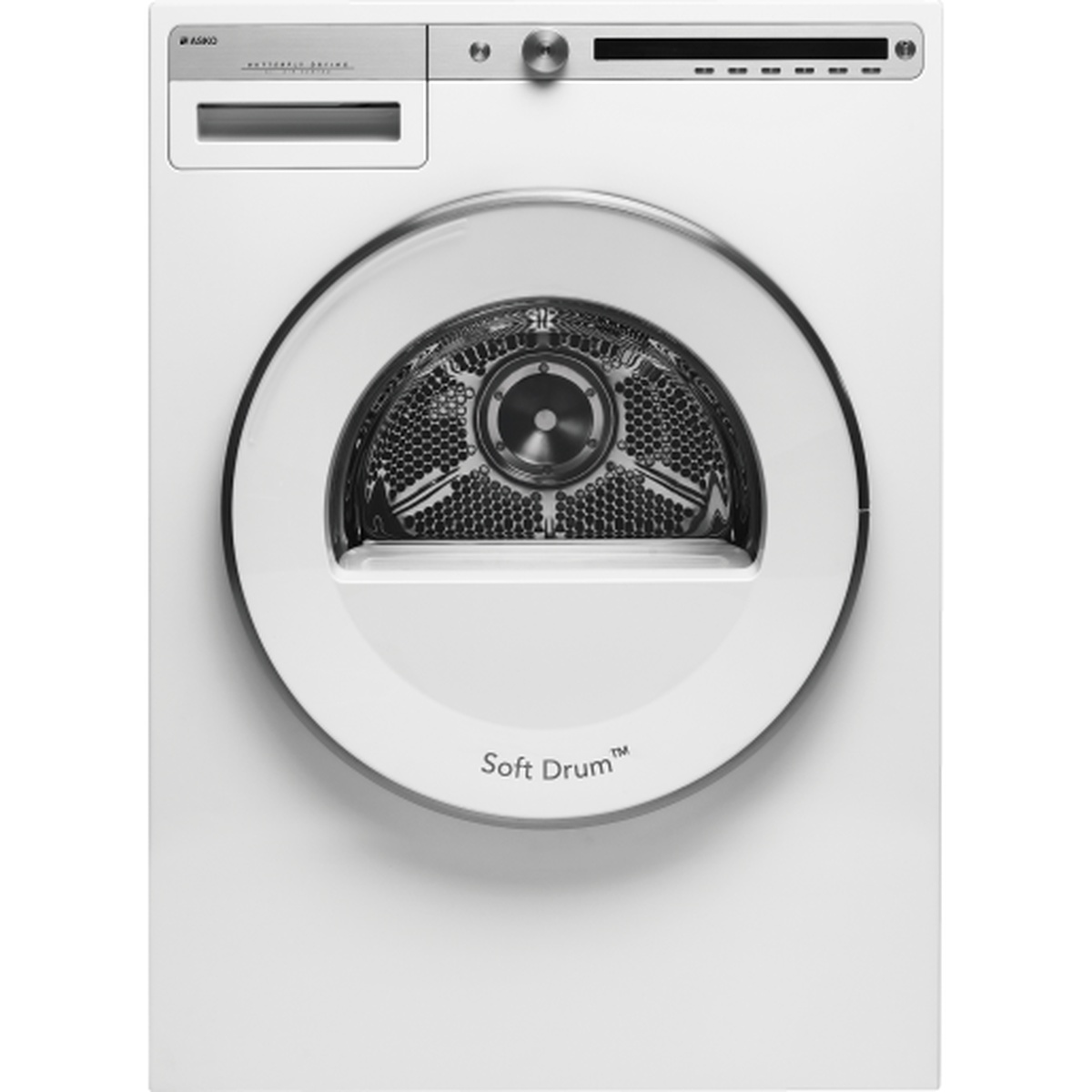 Front view of the ASKO vented tumble dryer with control dial and Soft Drum door