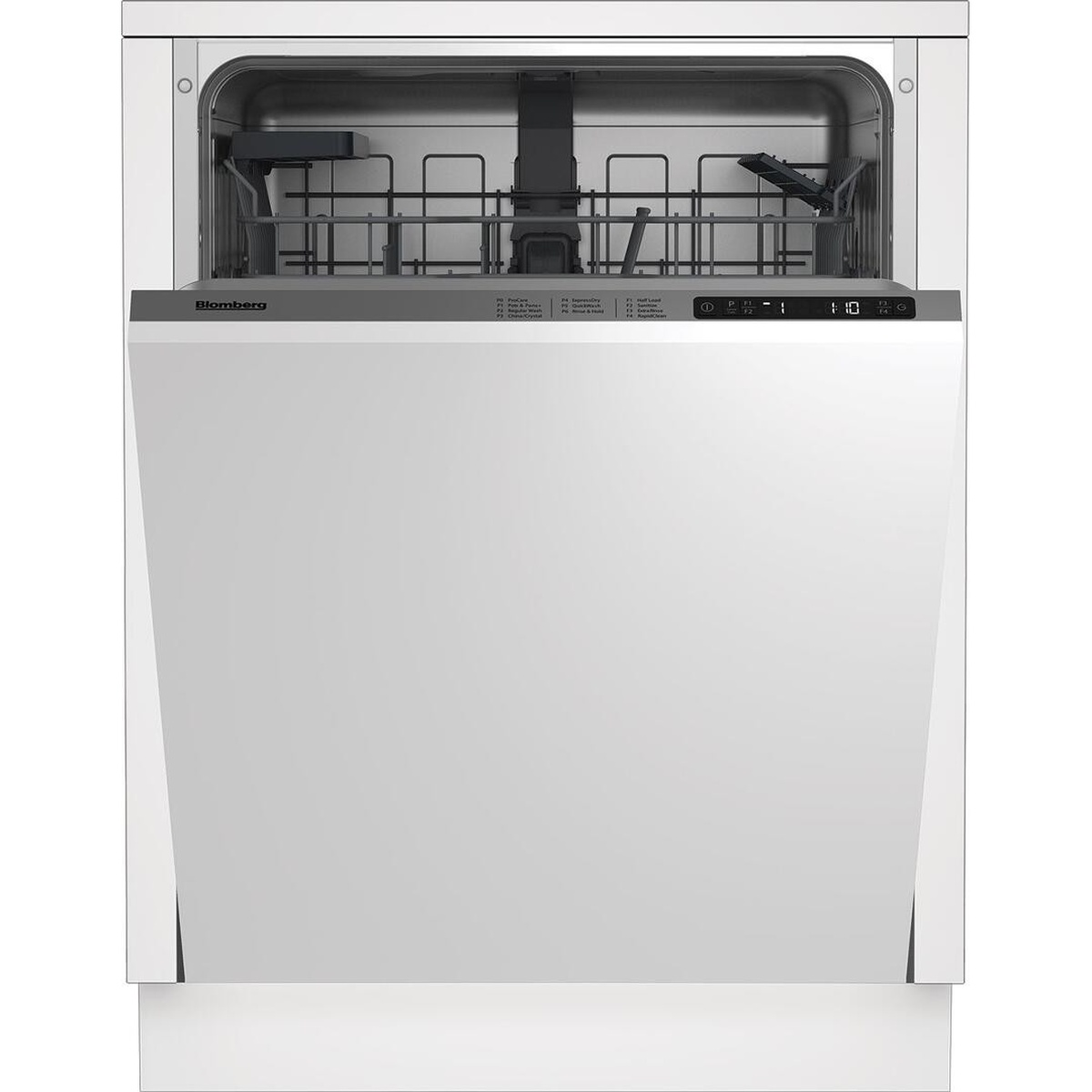 Open dishwasher showing upper rack and top control panel