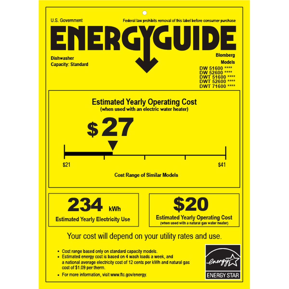 EnergyGuide label showing estimated yearly electricity use and operating cost