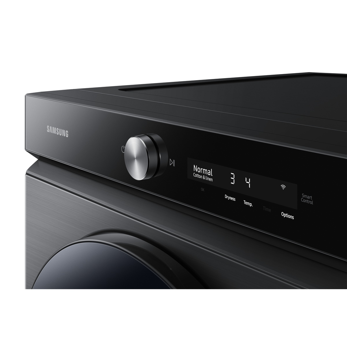 Close-up of Samsung dryer control panel with dial, digital display, and Smart Control label