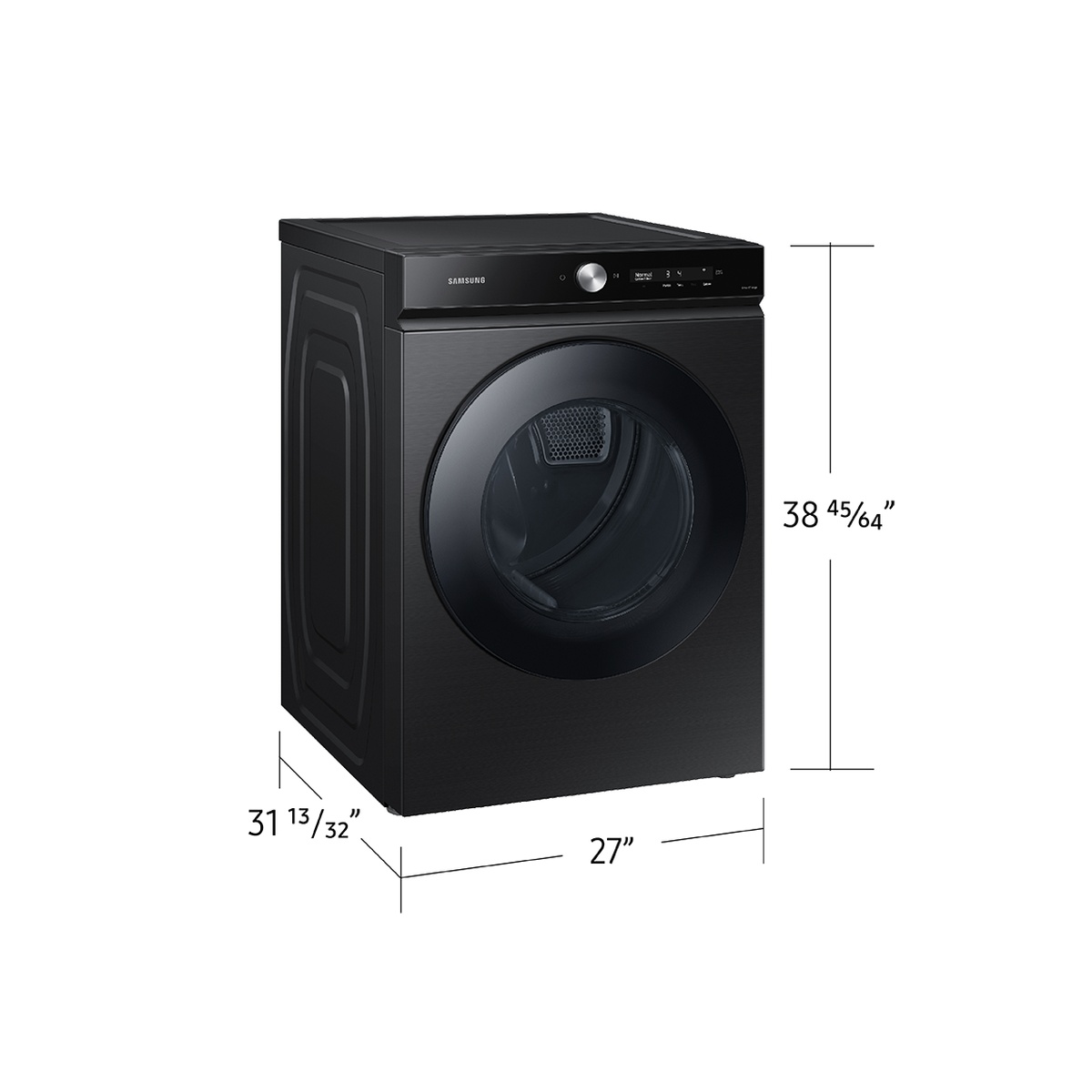 Angled view of black Samsung dryer showing cabinet depth and top control panel