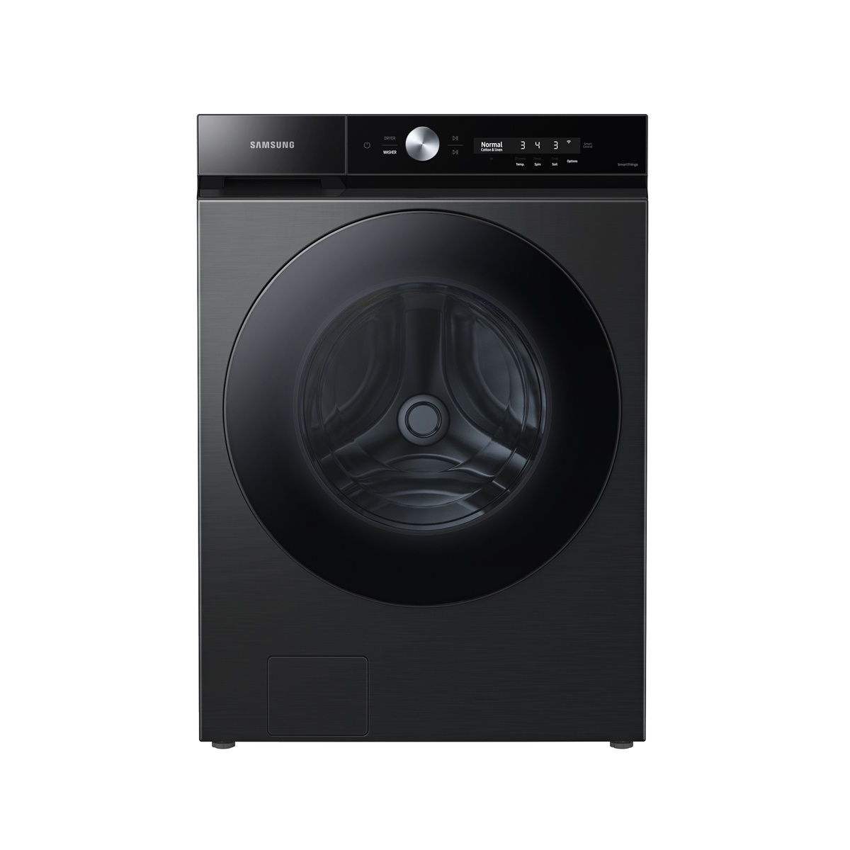 Front view of the Samsung Bespoke front load washer in brushed black