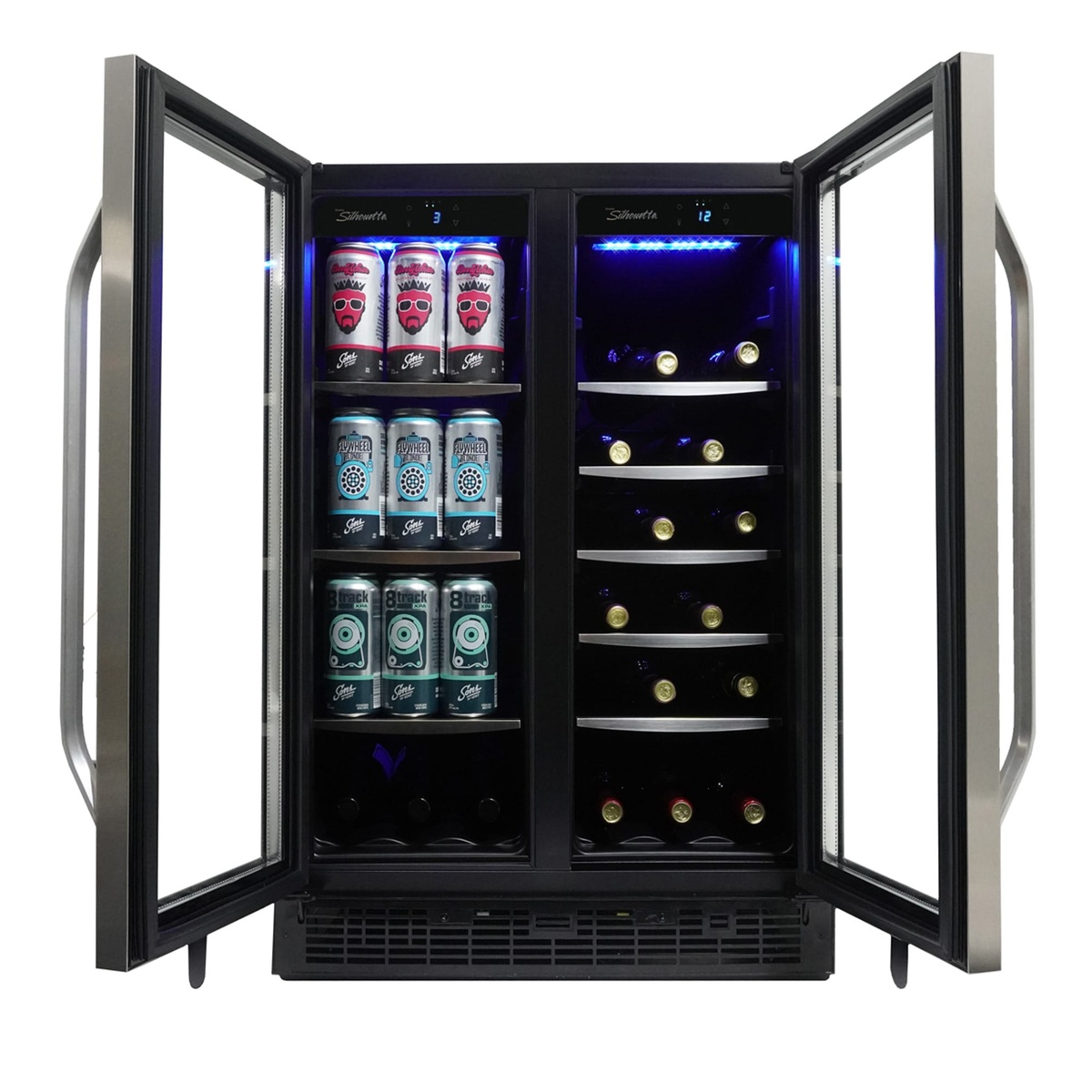 Open view of dual-zone beverage center with cans on the left and wine bottles on the right