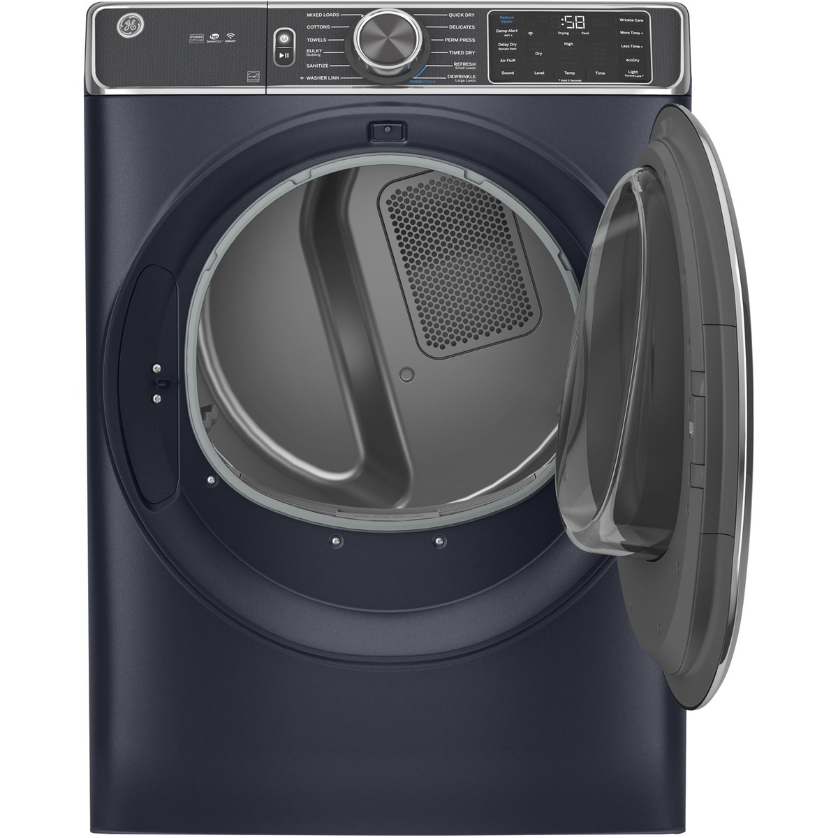 Dryer with door open showing the stainless steel drum