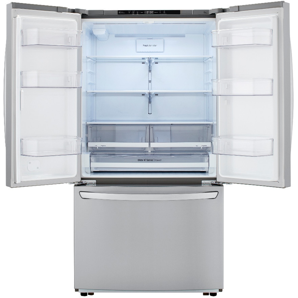 Refrigerator interior with adjustable shelving, door bins, and clear produce drawers
