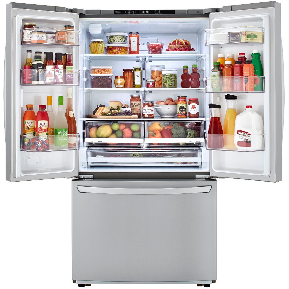 Open LG French door refrigerator showing adjustable shelves, door bins, produce crispers, and a full-width Glide N' Serve drawer