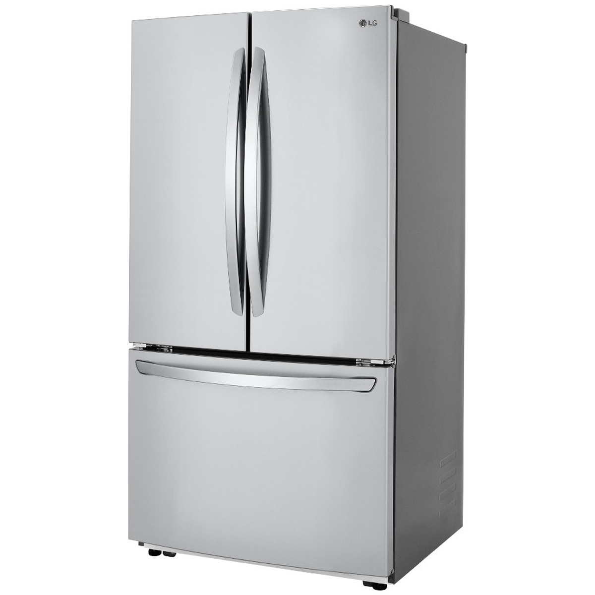 Angled front view of LG stainless steel French door refrigerator with matching vertical door handles and bottom freezer drawer handle