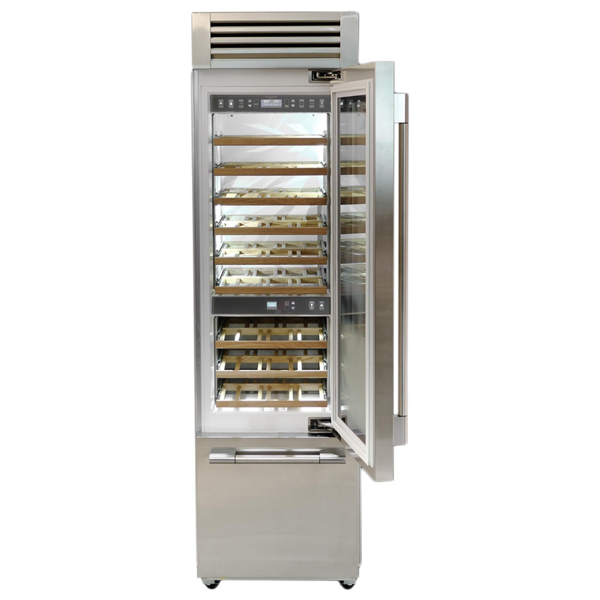 Wine cellar with door open showing beechwood racks and interior lighting