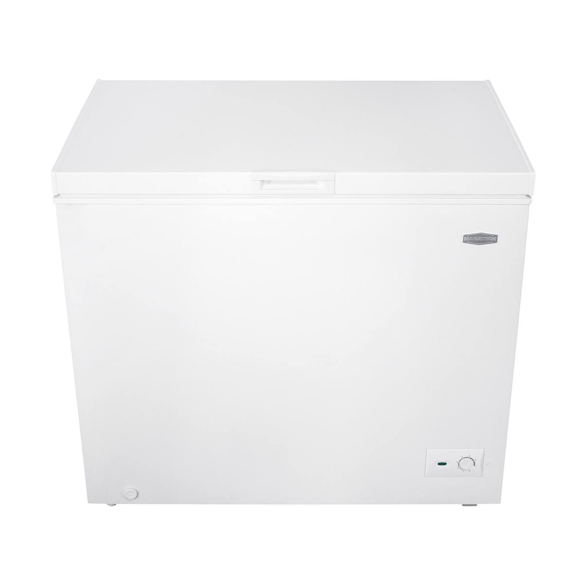 Closed white Marathon chest freezer with front temperature dial