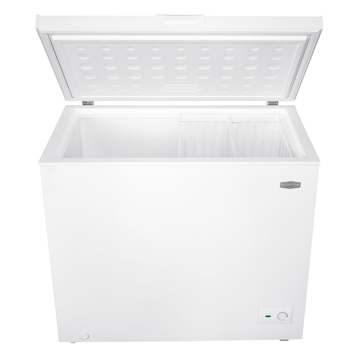 Open chest freezer showing two wire baskets inside